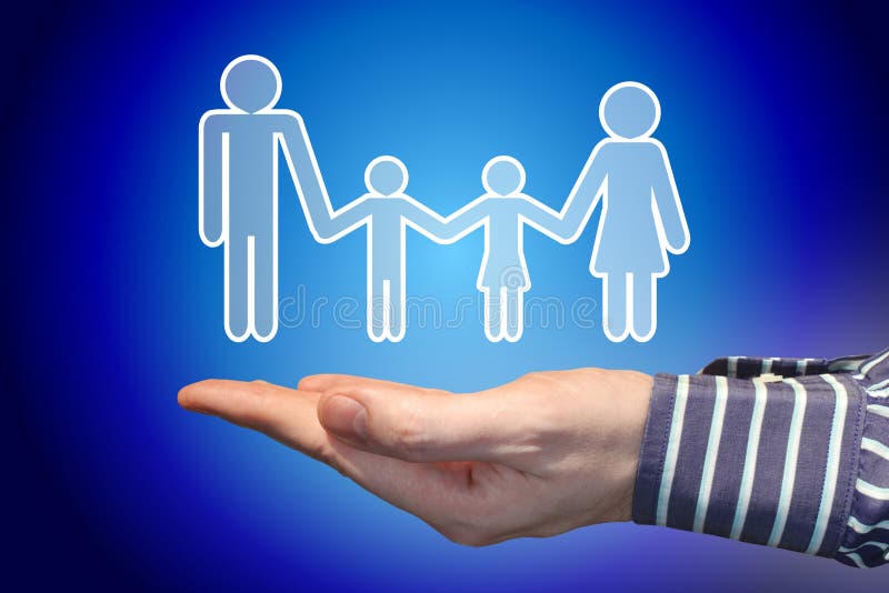 Hand, Blue Background, Family Insurance Concept Stock