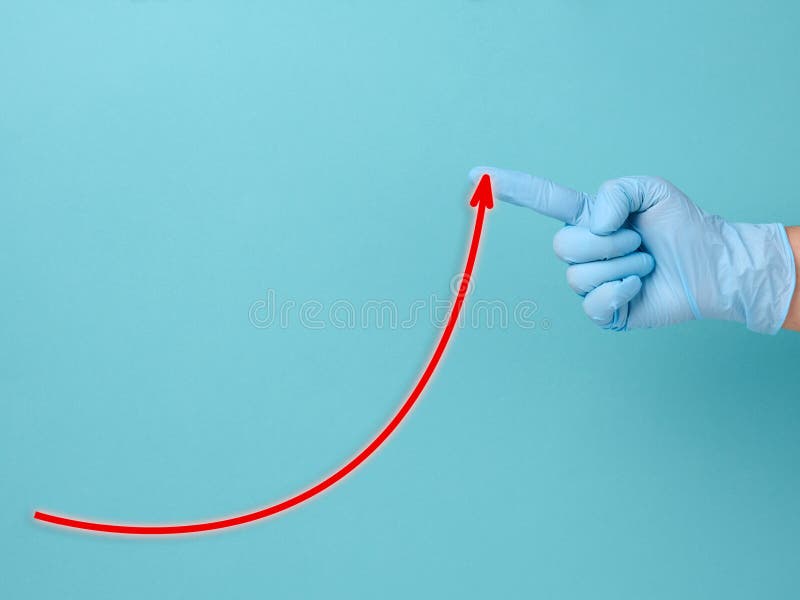Hand in a blue medical glove and a red arrow tends upward. The concept of increasing rates, increasing incidence, higher funding.