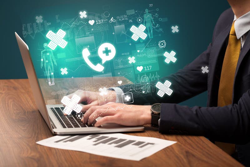 Hand browsing on the internet for medical issues stock photography