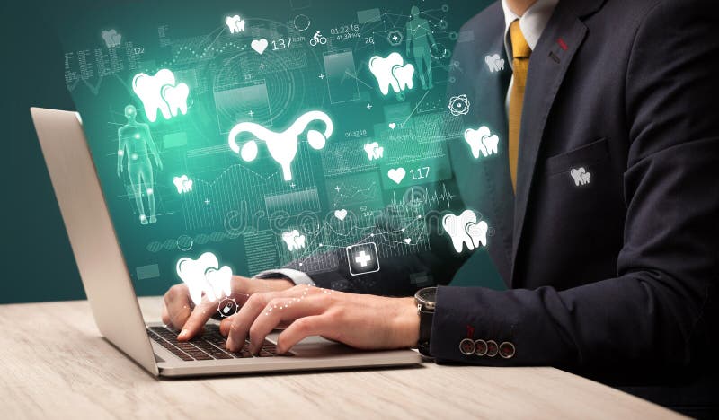 Hand browsing on the internet for medical issues stock photography