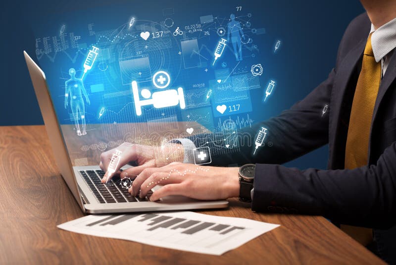 Hand browsing on the internet for medical issues royalty free stock images