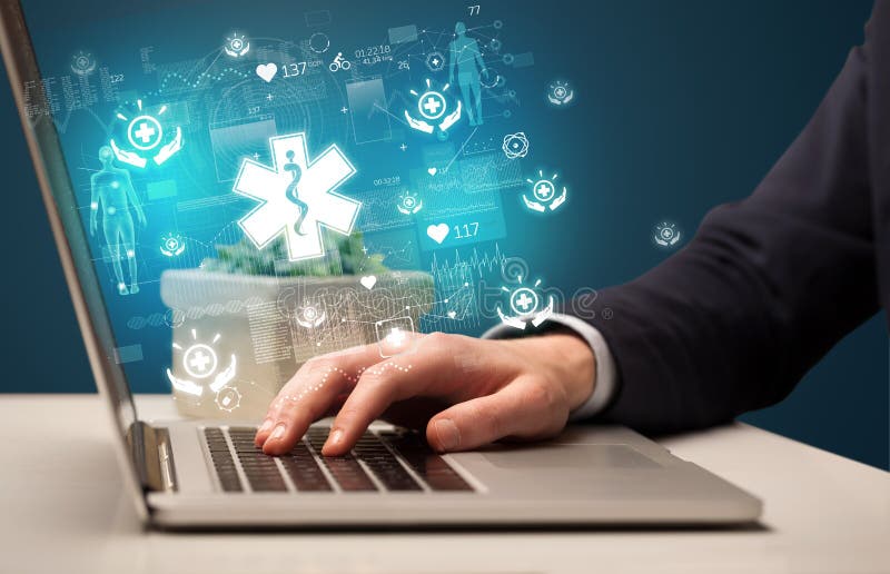 Hand browsing on the internet for medical issues royalty free stock photos