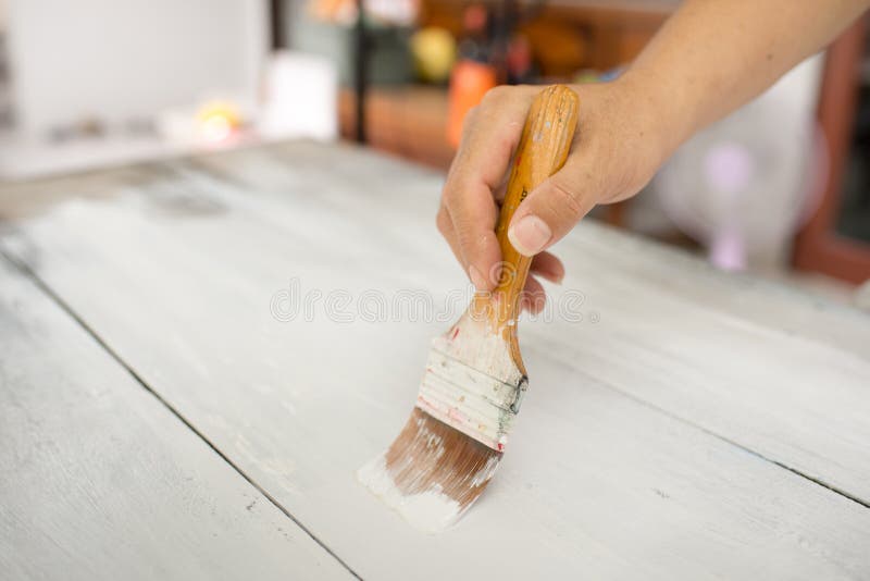 Hand with Brush Paint White Wooden Stock Image Image of green, home