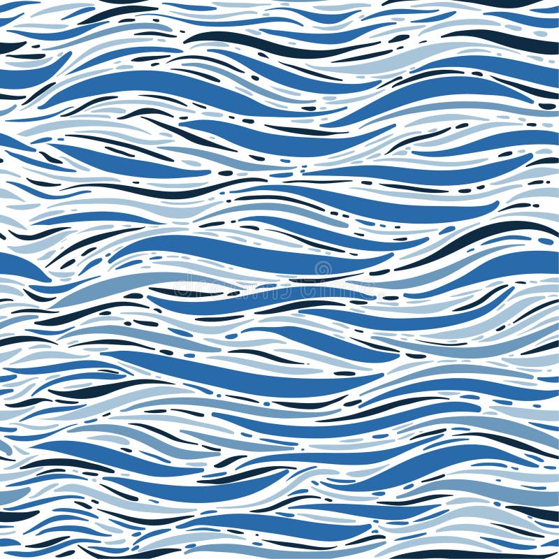 Hand brush vector Marine seamless pattern waves on a monotone blue shade ba...