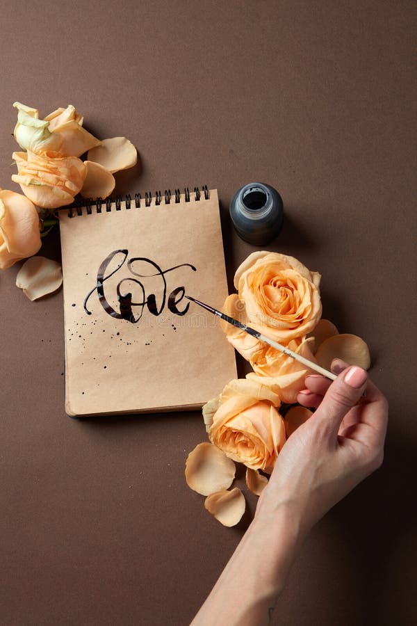 Hand With Brush Writing A Love Letter Stock Image - Image of romantic ...