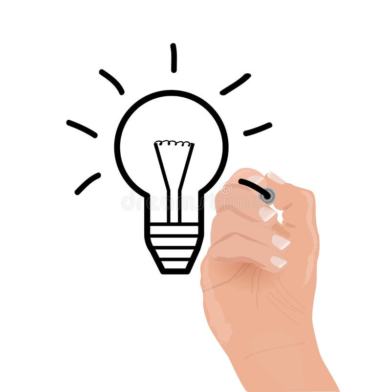 Image of a hand drawing a light bulb isolated on a white background. Drawing feedback vectors