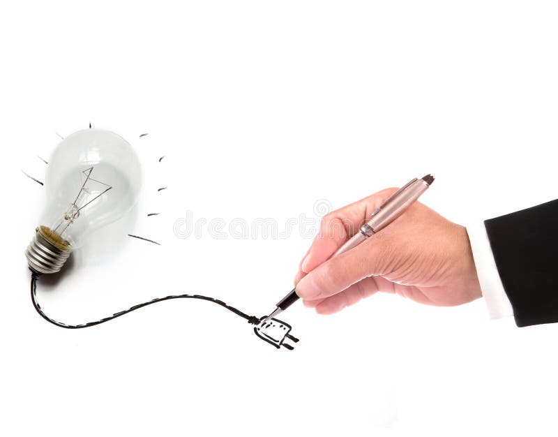 Hand of business man writing wire of light bulb