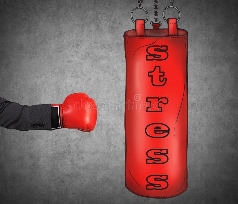 A hand in business suit is hitting the red punching bag, business stress concept. A hand in business suit is hitting the red punching bag, business stress concept