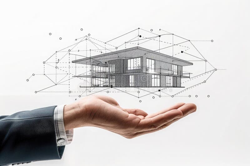 Hand in business suit presents futuristic architectural 3D sketch of modern house on white background. Architecture, technology or royalty free illustration