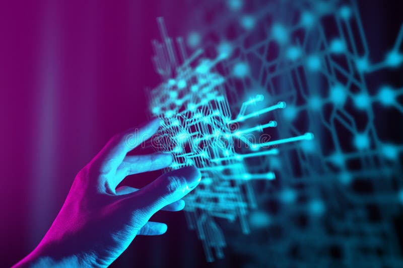 The hand of a businessman interactive touching a holographic image of a financial network stock photo