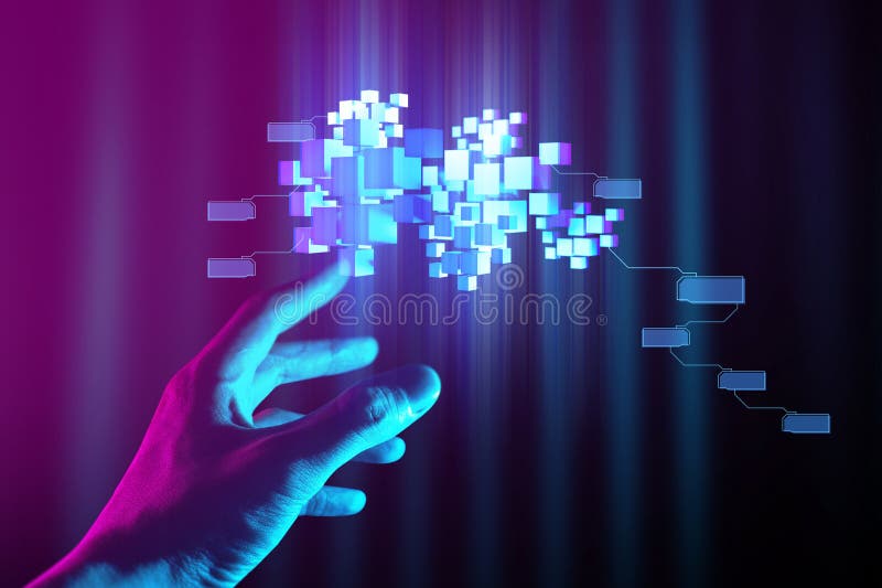 The hand of a businessman interactive touching a holographic image of a financial network stock images