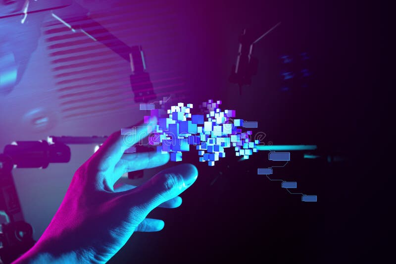 The hand of a businessman interactive touching a holographic image of a financial network royalty free stock photos