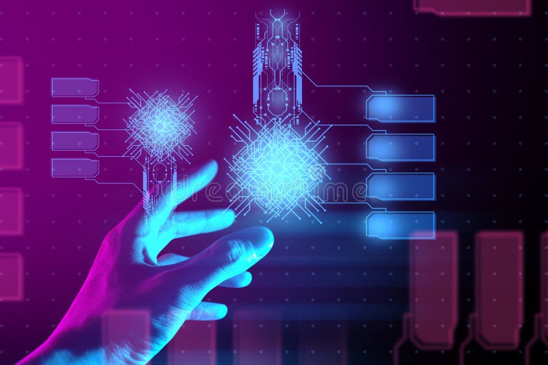 The hand of a businessman interactive touching a holographic image of a financial network royalty free stock image