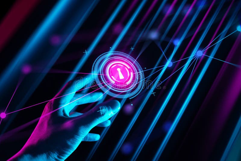 The hand of a businessman interactive touching a holographic image of a financial network royalty free stock images