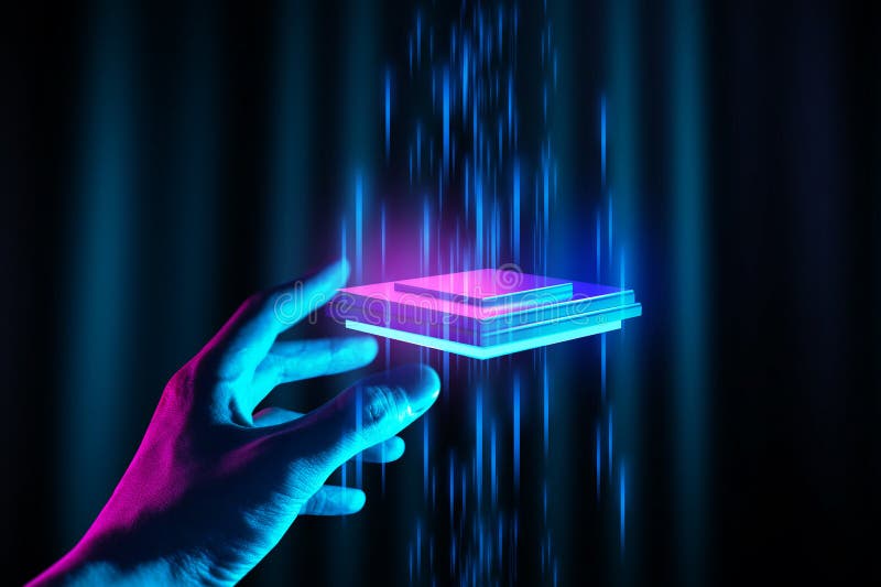 The hand of a businessman interactive touching a holographic image of a financial network royalty free stock photo