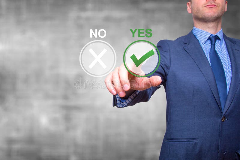 Hand of businessman press Yes button. Concept of decision making royalty free stock photography Hand of businessman press Yes button. Concept of decision making royalty free stock photography