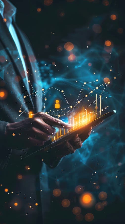 Hand of a businessman using a digital tablet with a 3d graph visualization vector illustration