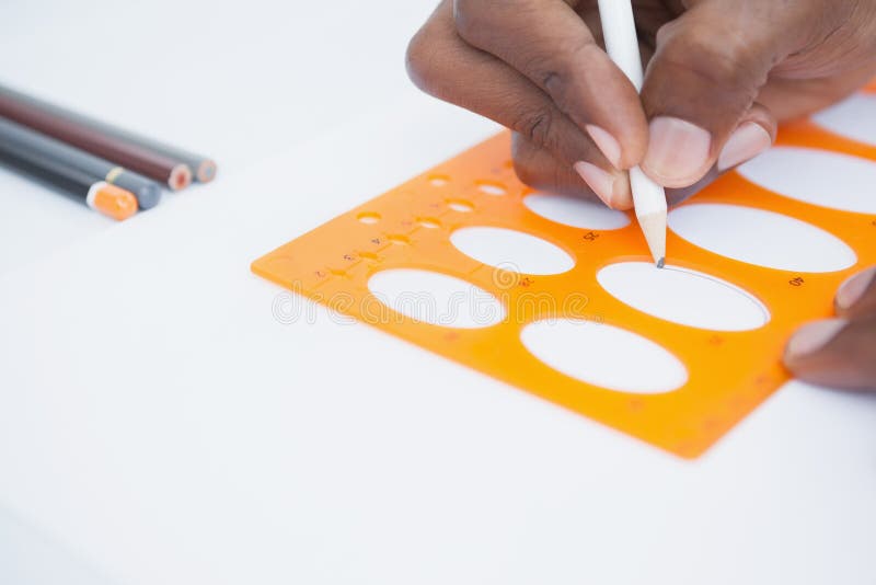 Hand of Businessman Using Stencil and Pencil Stock Photo Image of