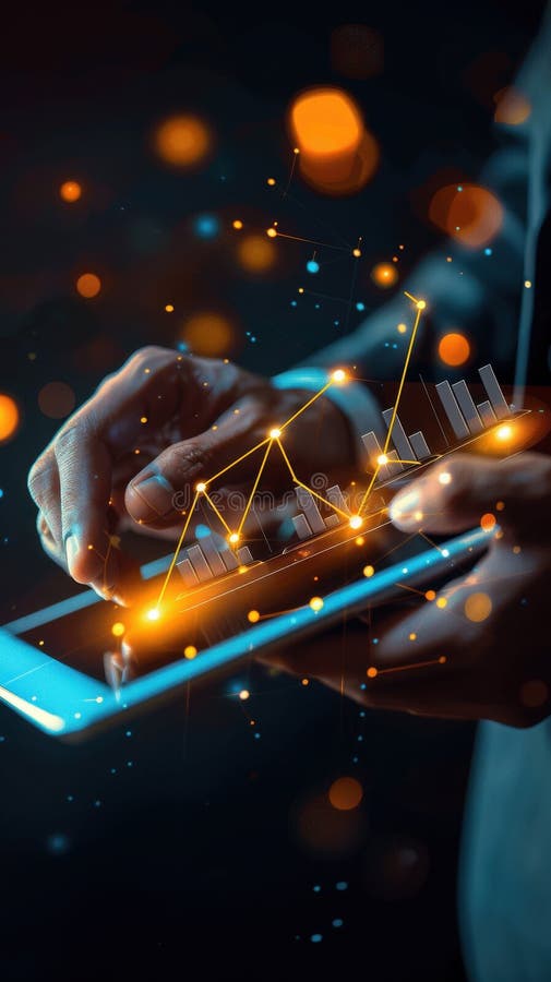 Hand of a businessman using a tablet with a 3d graph chart displayed royalty free illustration