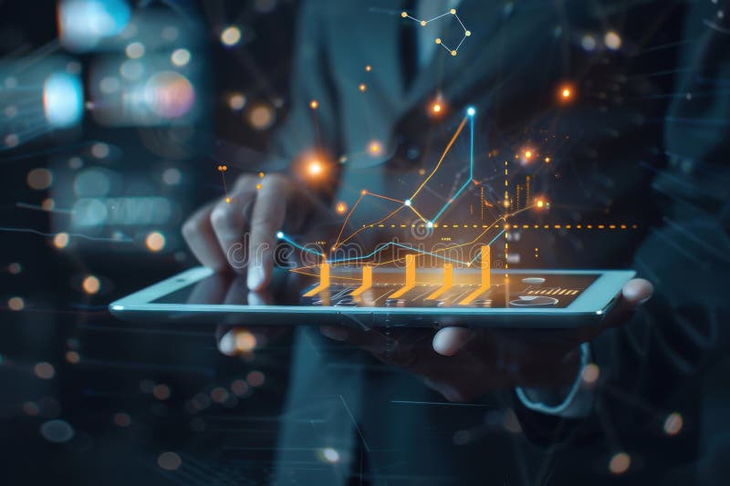 Hand of a businessman using a tablet with a 3d graph diagram on display stock illustration