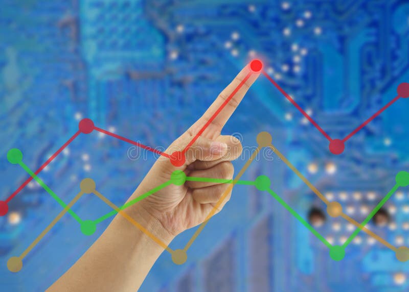 Hand of businessmen point to the highest point on the line graph in concept of business profits in the presentation.