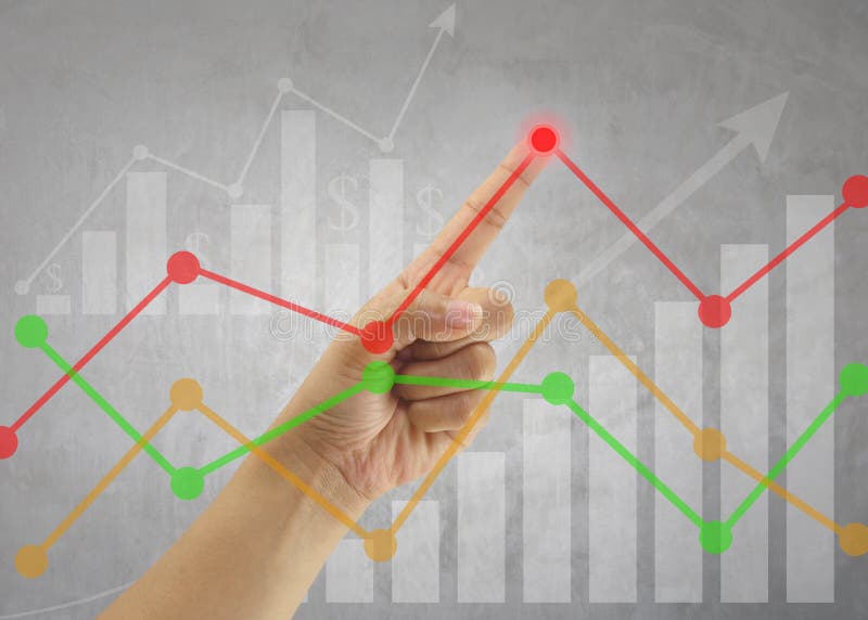 Hand of businessmen point to the highest point on the line graph in concept of business profits in the presentation.