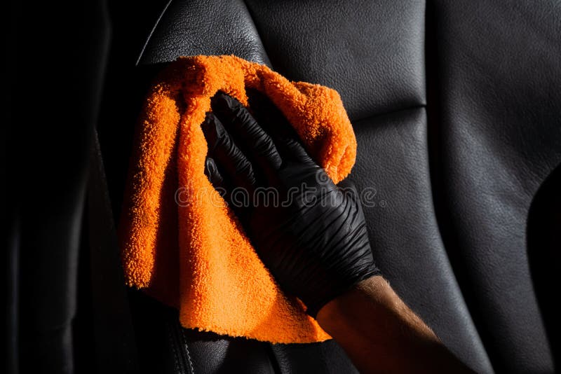 Hand Car Interior Drying of Leather Seat Using Microfiber in Detailing