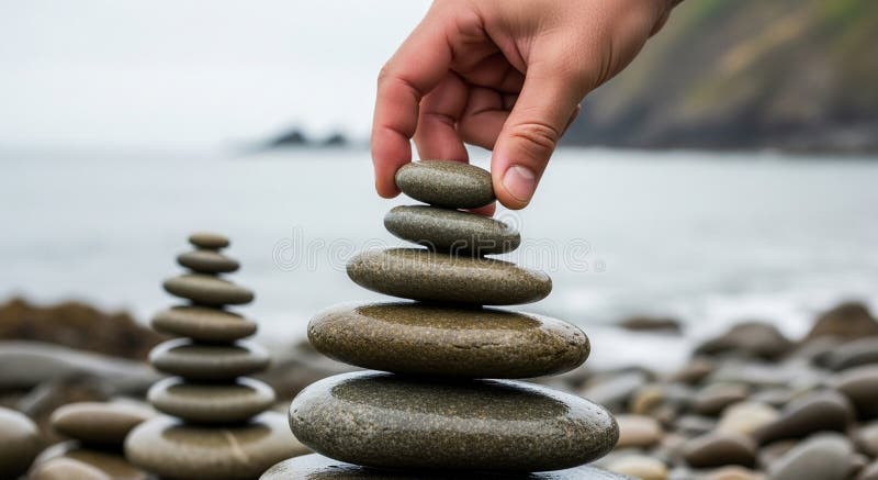 A hand is carefully balancing rounded stones in a stack on a rocky beach with a coastal landscape vector illustration