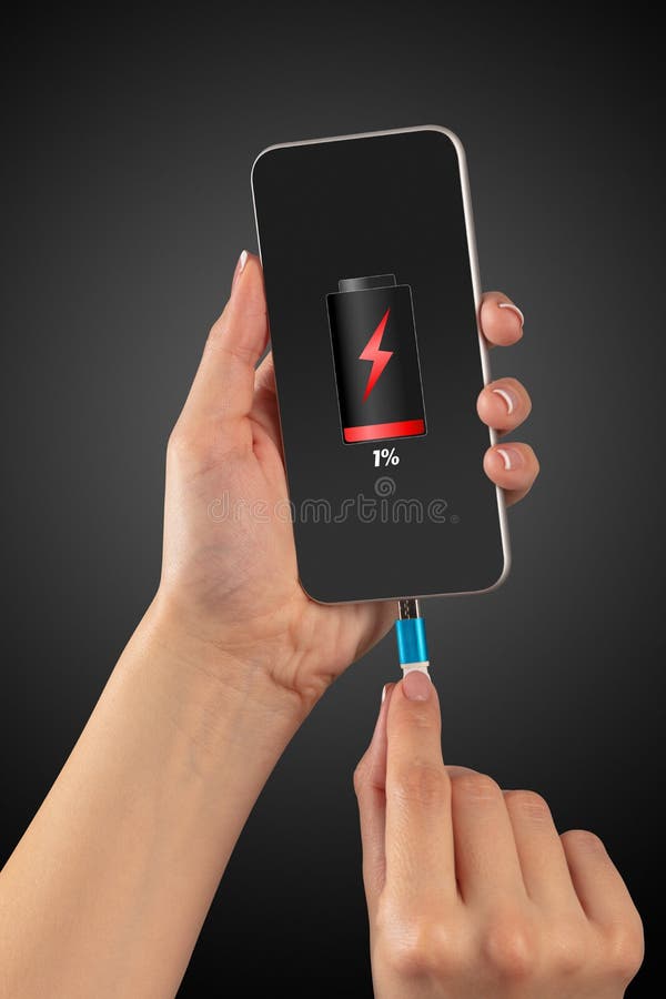 Hand Charging Phone with Low Battery Stock Image Image of cable