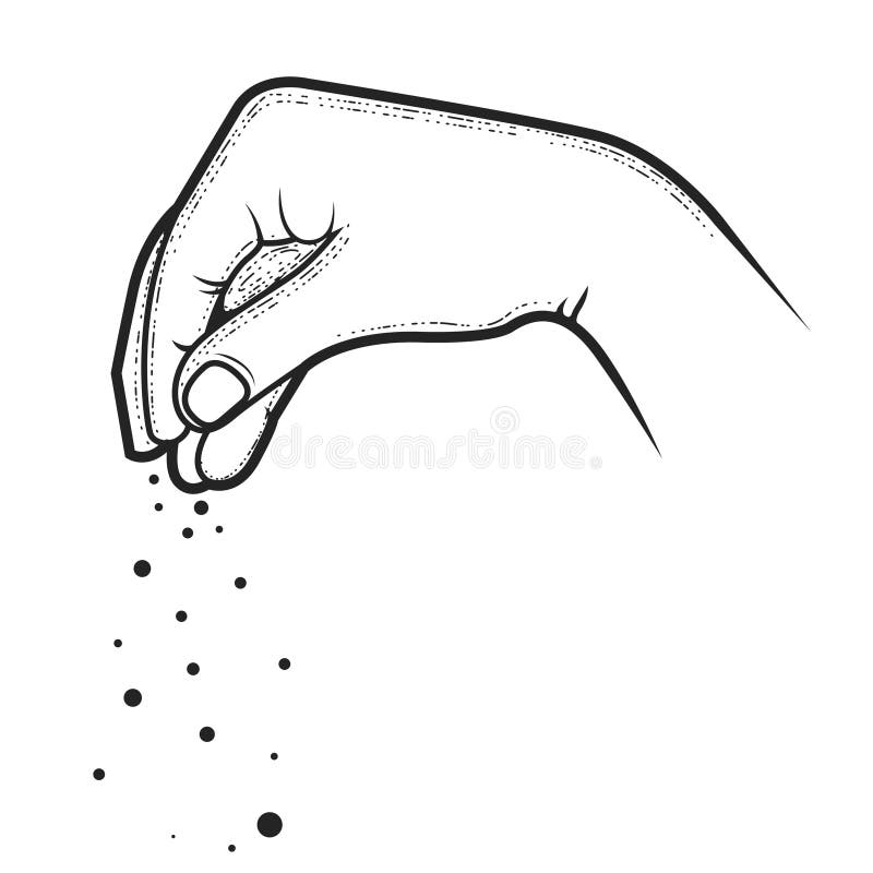 hand chief cook powdering dish condiment pinch salt spice seasoning pinched fingers vector 263594635