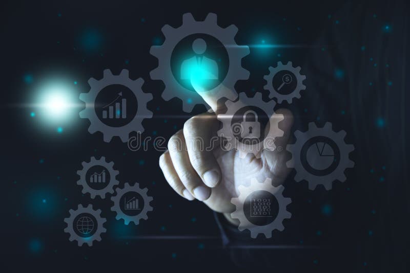 Hand click on virtual touchscreen button. Hand pressing modern buttons. Man hands pressing virtual screens technology concept stock images