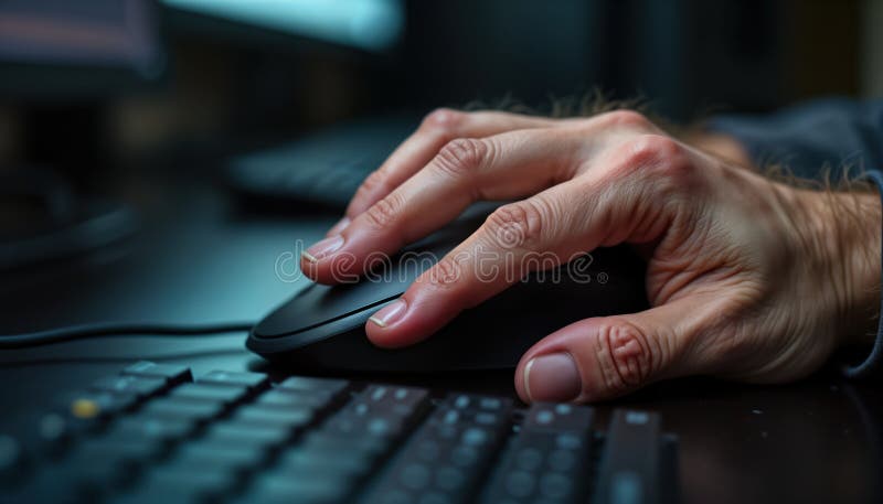 Hand clicking computer mouse. Closeup view of hand working on computer. Person uses mouse. Computer work. Office work. Repetitive vector illustration