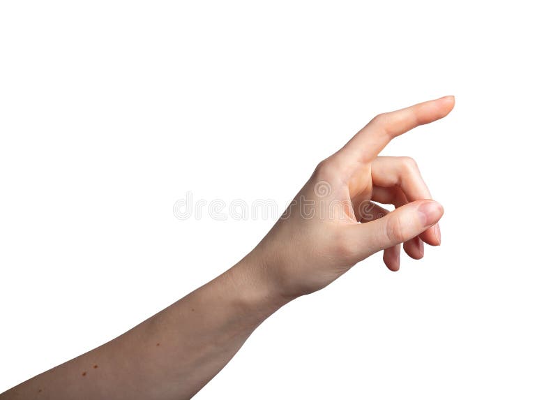 Hand clicking, index finger touching, tapping, gesturing, pointing aside, isolated on white royalty free stock photo