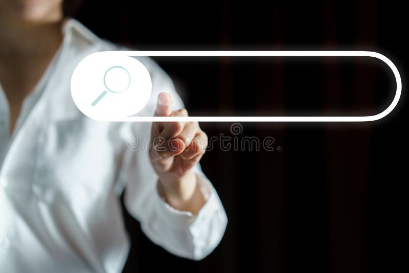 Hand Clicking Search Engines Symbol on Computer Touch Screen