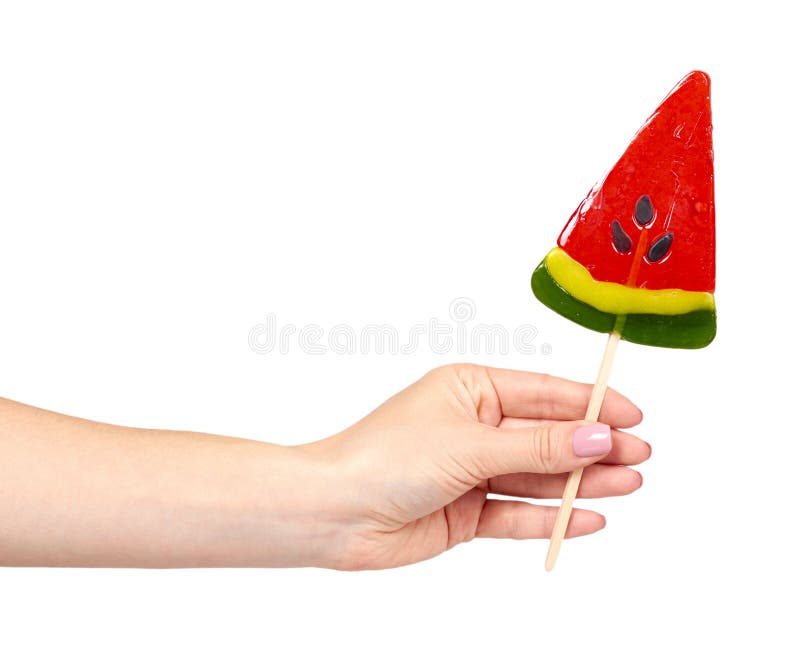 Hand with Color Lollipop, Bright Cool Candy, Watermelon Shape Stock
