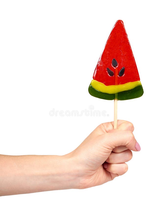 Hand with Color Lollipop, Bright Cool Candy, Watermelon Shape Stock