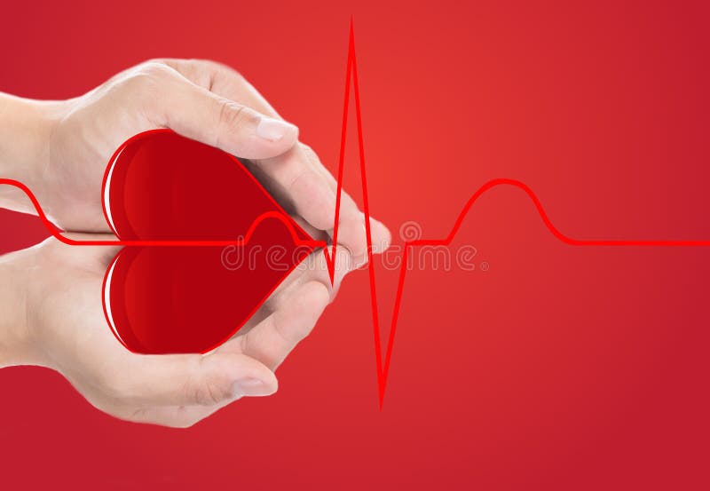 Hand cover red heart and normal cardiograph on red background