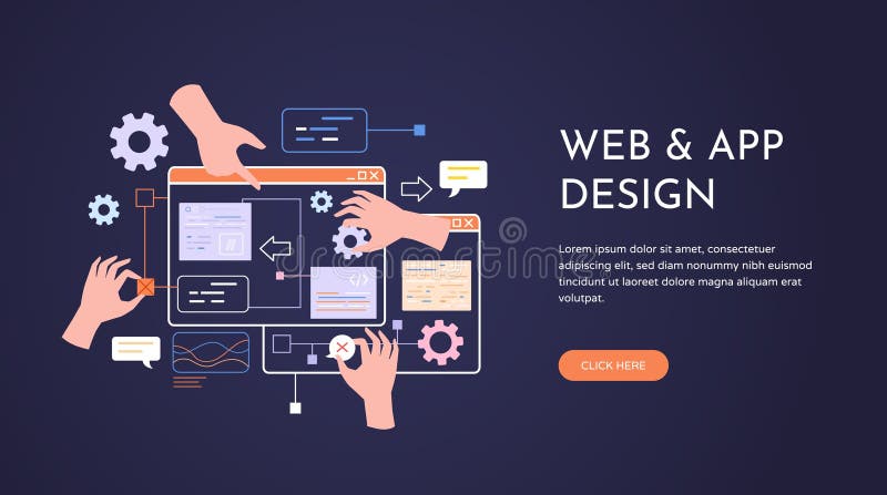 Hand creating prototype. Web development ui ux design agency landing page, programming team creating website or mobile royalty free illustration