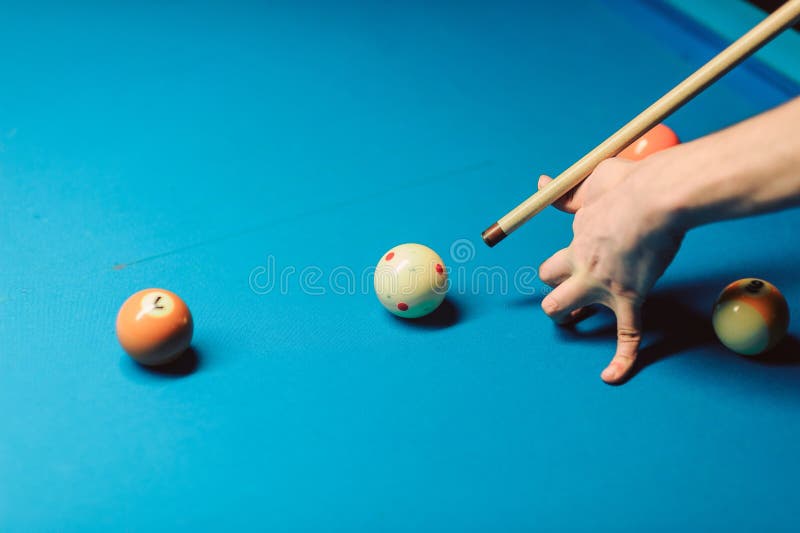 Hand with Cue Stick on Billiard Table with Balls Stock Image Image of