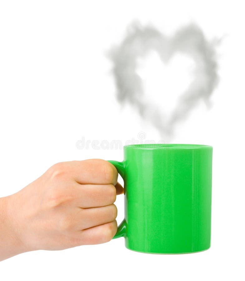 Hand with cup and steam like a heart isolated on white background. Warm steam stock images, royalty-free photos and pictures