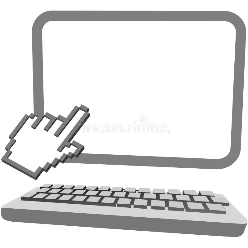 Hand cursor click on 3D computer monitor keyboard vector illustration