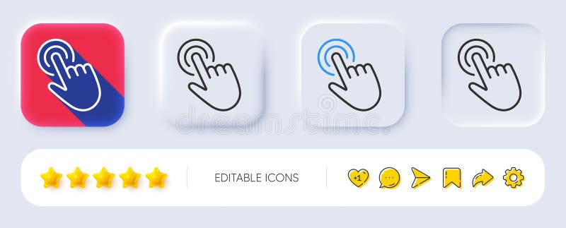 Hand cursor line icon. Click action sign. Neumorphic buttons. Vector. Neumorphic, Flat shadow, 3d buttons. Finger pointer symbol. Line cursor icon. Social media icons.