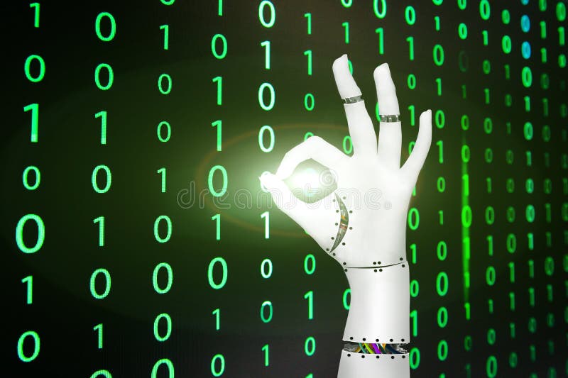 Hand of cyborg on matrix background stock photos Hand of cyborg on matrix background stock photos
