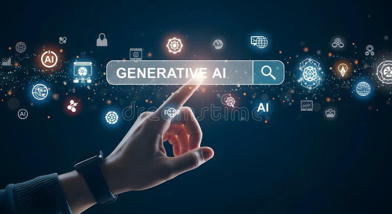 Hand interacts with generative AI interface, searching with digital search bar royalty free illustration