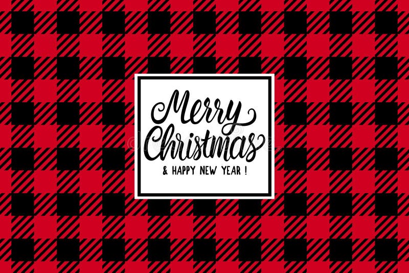 Hand der frohen Weihnachten gezeichnet, Textaufschrift beschriftend Karierter schwarzer und roter breiter Hintergrund Feiertags-g stock abbildung