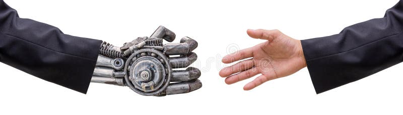Hand der Mann- und CYbrustbeerroboterhand in der Klage mit Händedruck isolat