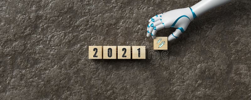 Hand des Roboters mit der Zahl 2021 3D Abbildung einen Würfel mit einem Spritzensymbol zu anderen Würfeln hinzufügen vektor abbildung