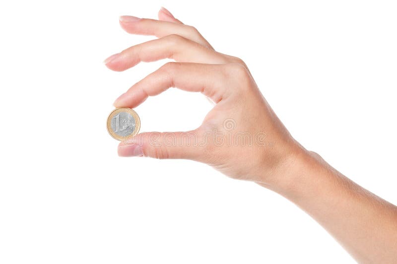 Hand die 1 Euro muntstuk houdt stock foto's Hand die 1 Euro muntstuk houdt stock foto's