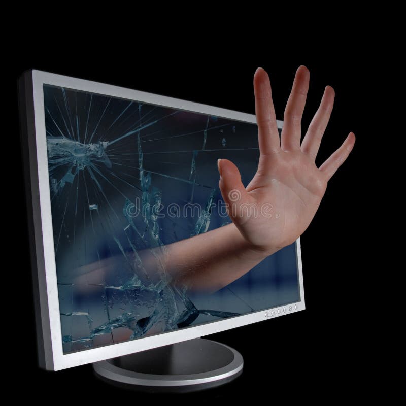 Hand coming out of a broken computer monitor. Hand coming out of a broken computer monitor.