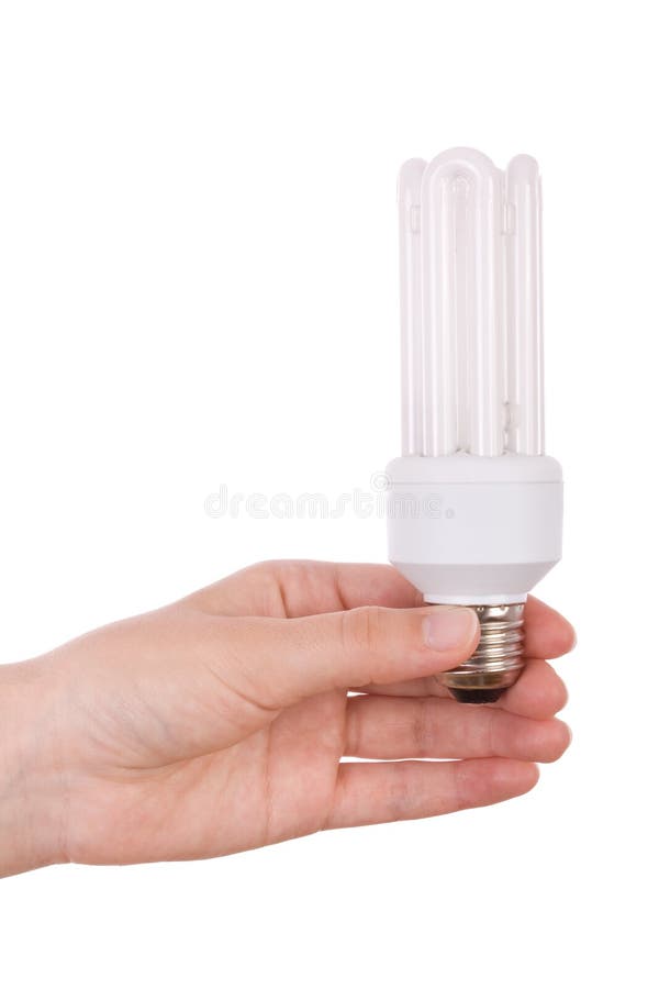 Hand die compacte neonlichtbol houdt royalty-vrije stock foto Hand die compacte neonlichtbol houdt royalty-vrije stock foto
